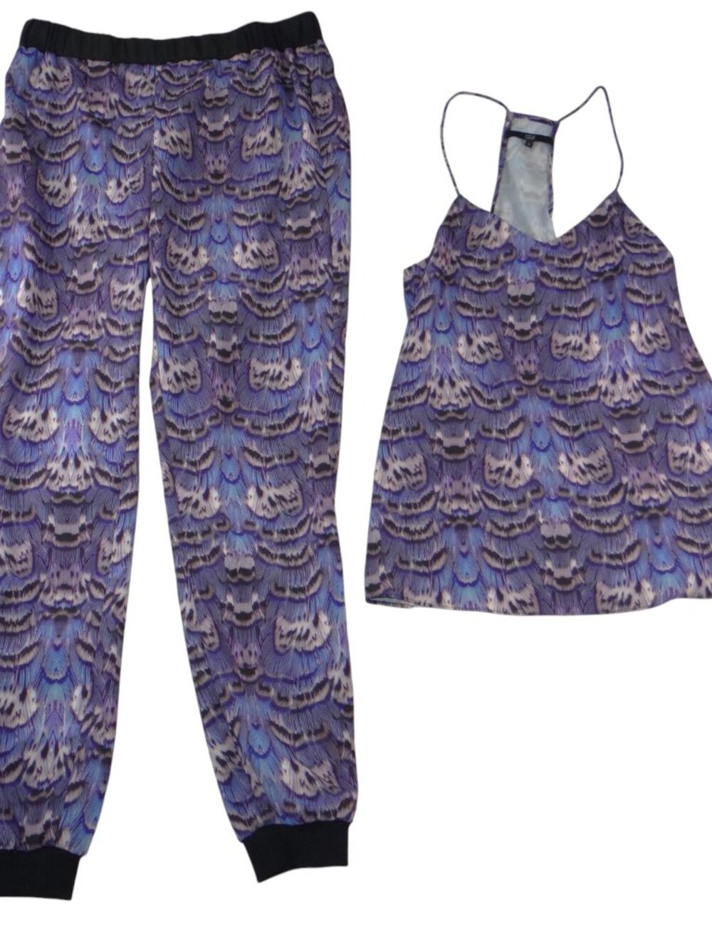 Tibi‎ New York Purple Feather Print Camisole and Jogger Pajama Set Womens XS